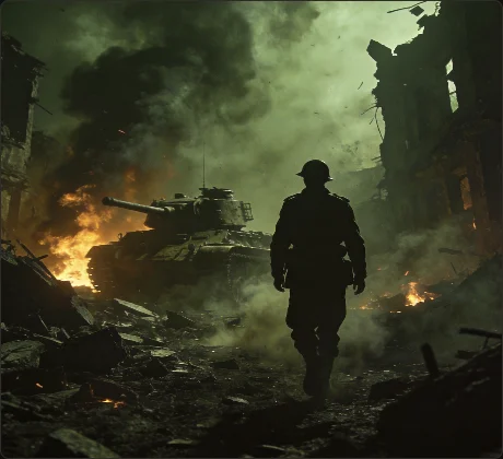 Soldier and tank moving through a smoky World War II battlefield