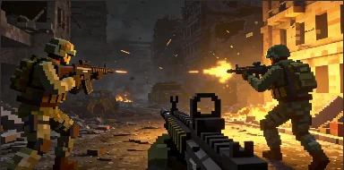 Stylized soldiers in a ruined city firefight