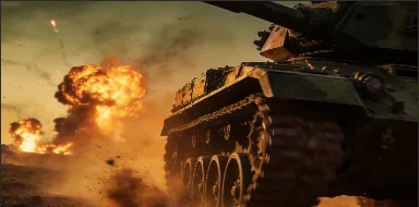 Tank moving across a dusty battlefield